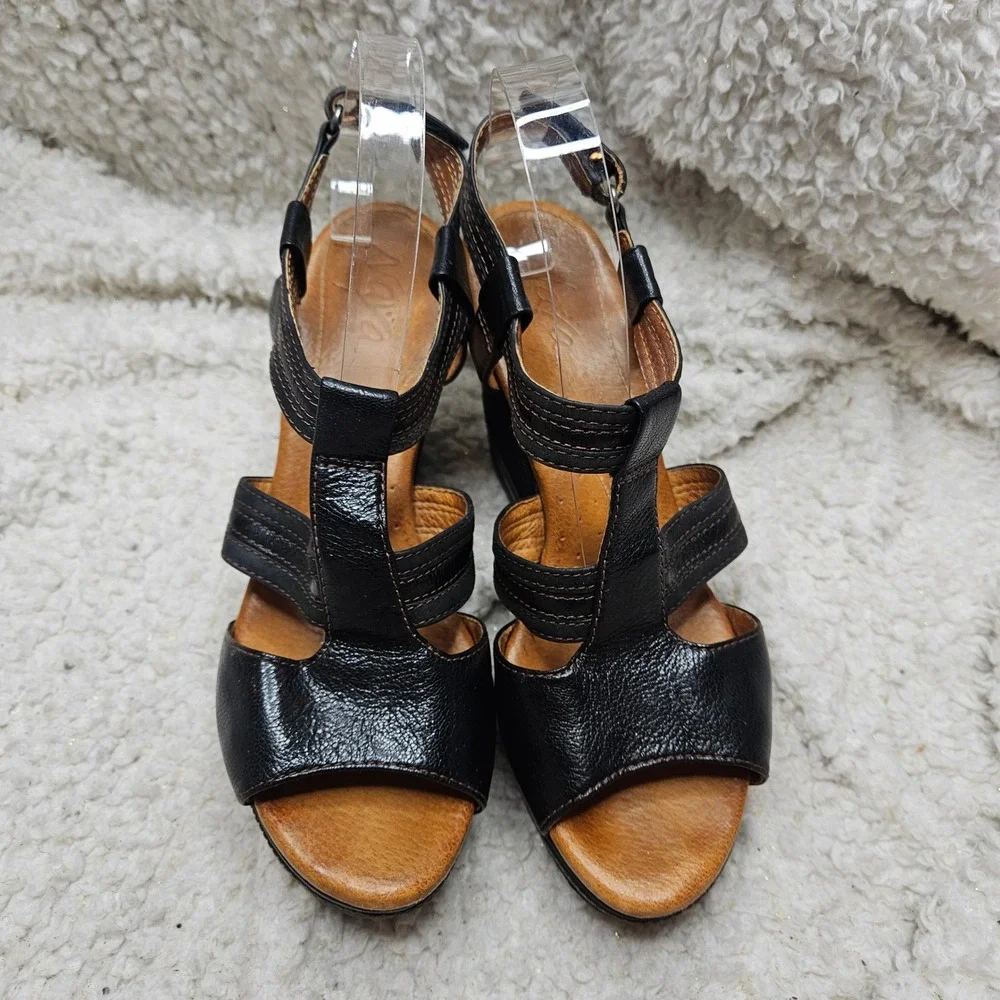 Naya Elise Black Leather Wedge Platform Sandals‎ size 9 Wide